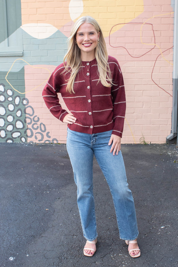 Jade Thin Stripe Button Down Cardigan, Red Wood