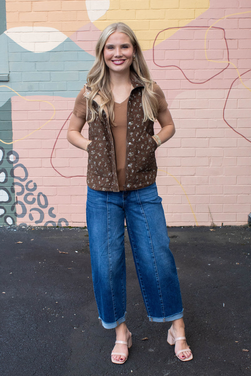 Lia Floral Quilted Puffer Vest, Brown Multi
