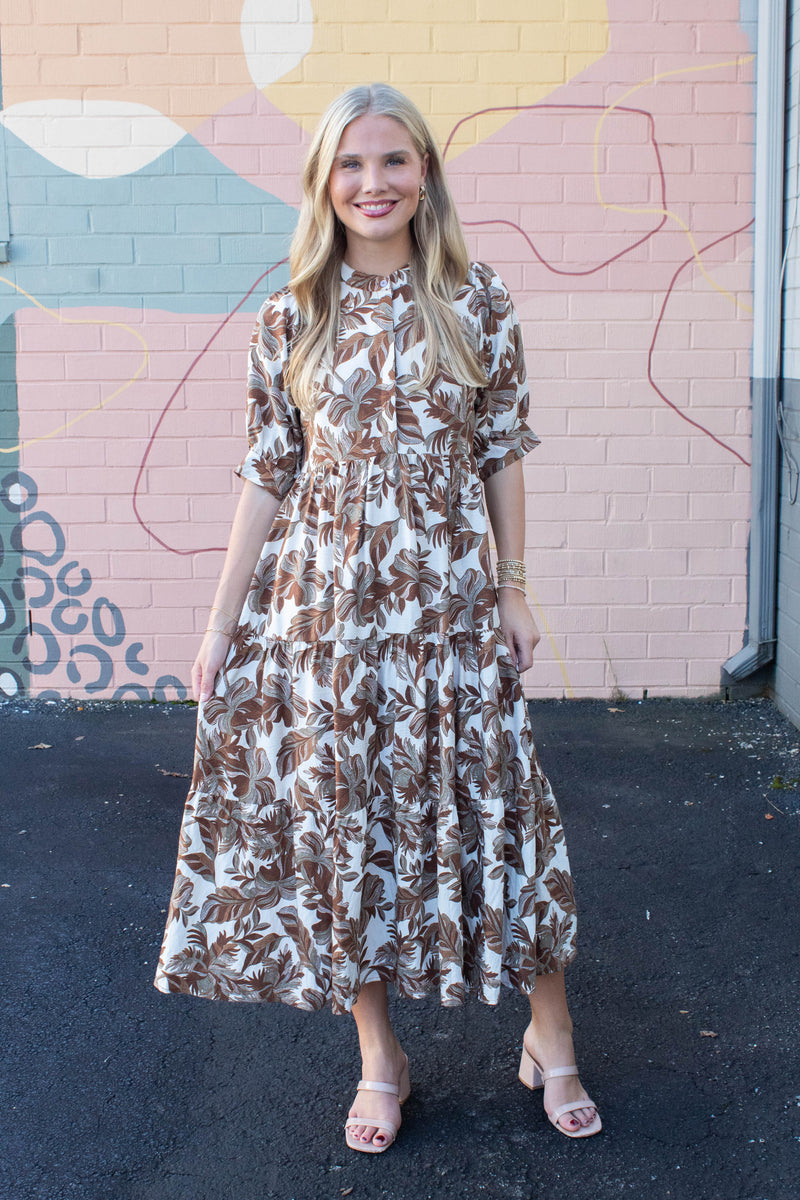 Annie Printed Button Neck Midi Dress, Brown Mix