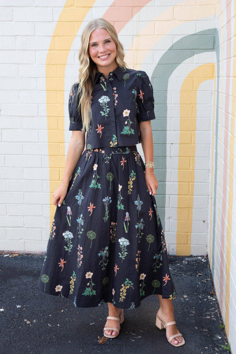 Evelyn Floral Print Midi Skirt, Black