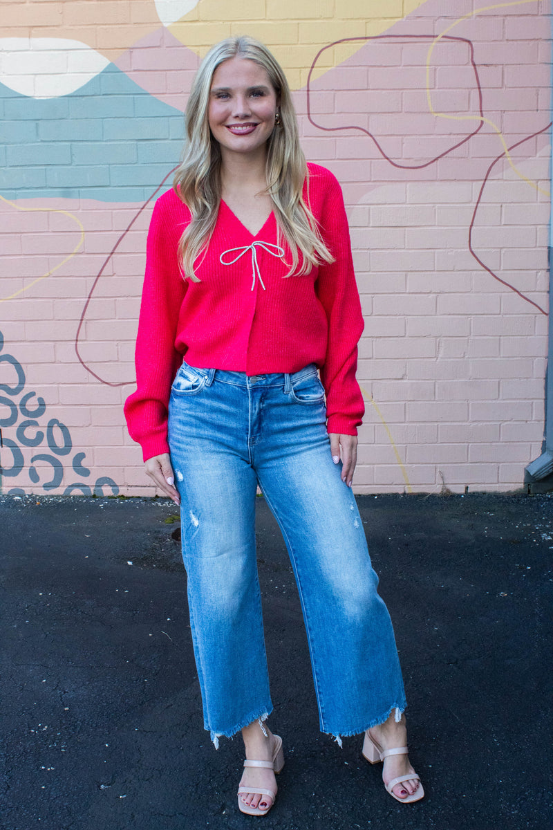 Marie Sparkly Bow Cardigan, Red