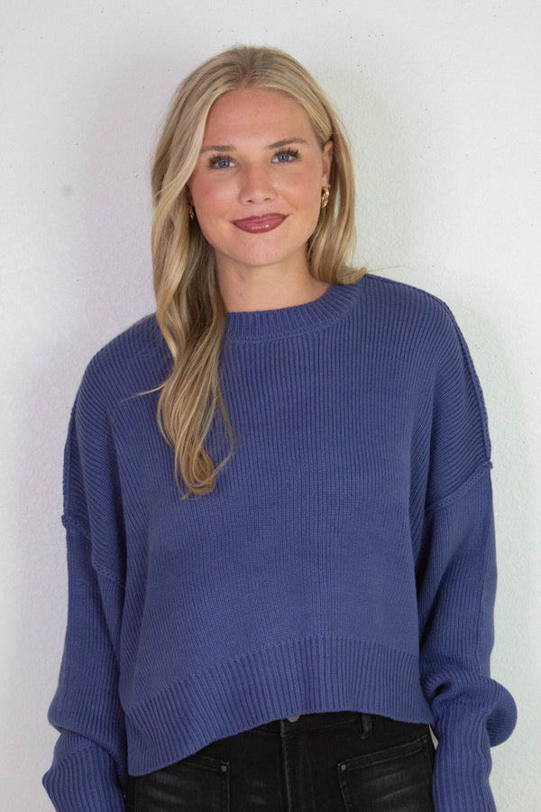 Camila Round Neck Cropped Sweater, Dusty Indigo