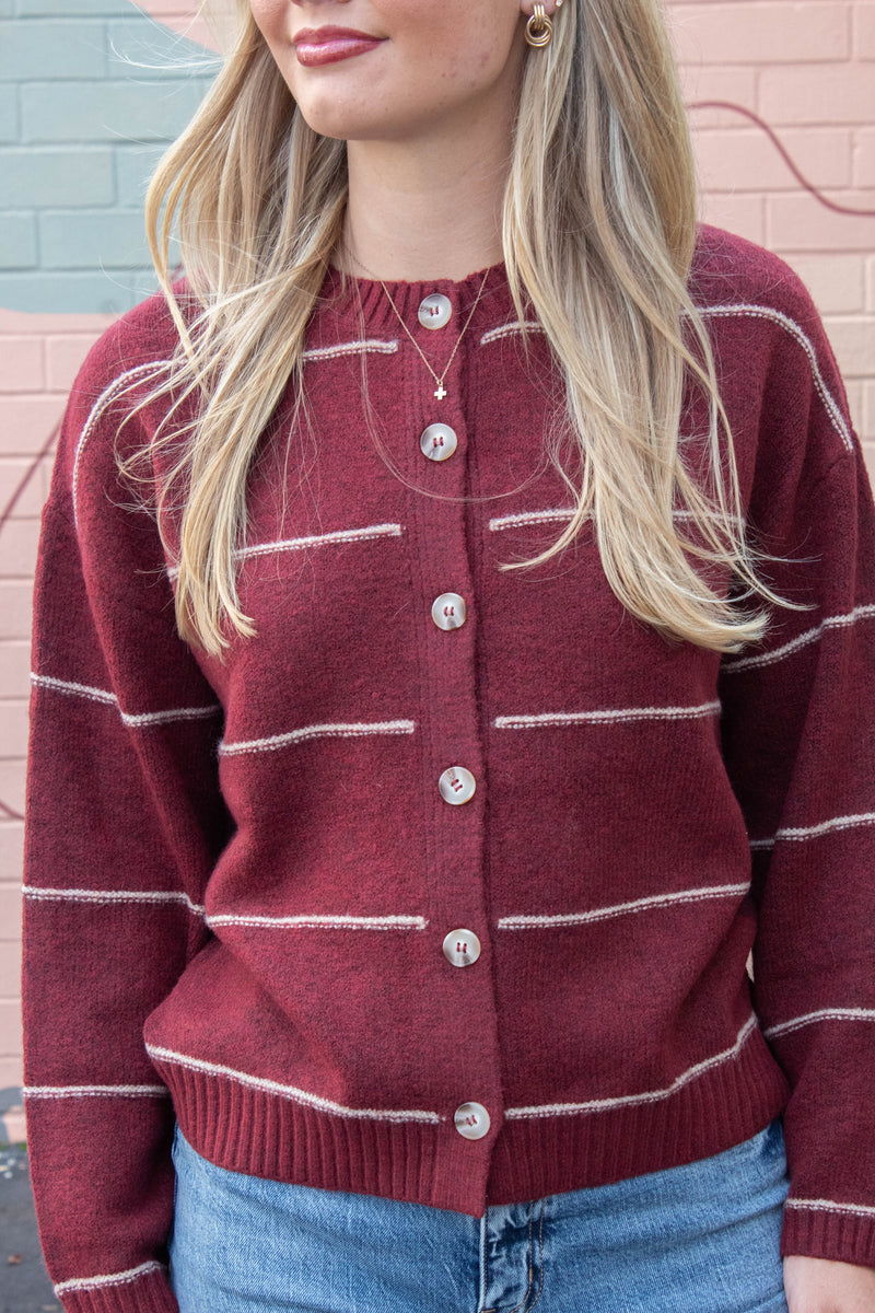 Jade Thin Stripe Button Down Cardigan, Red Wood