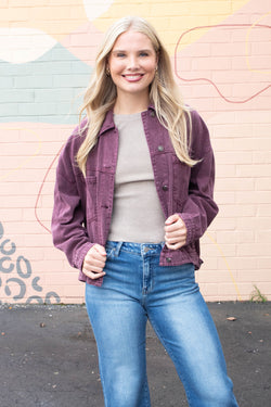 Audrey Button Down Denim Jacket, Cherry Lacquer