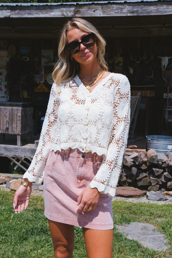 Mona Floral Crochet Cardigan, Natural