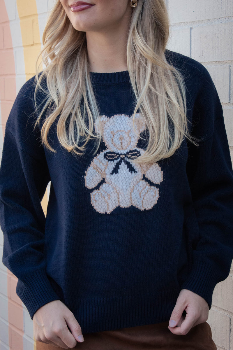 Elle Teddy Bear Graphic Sweater, Navy
