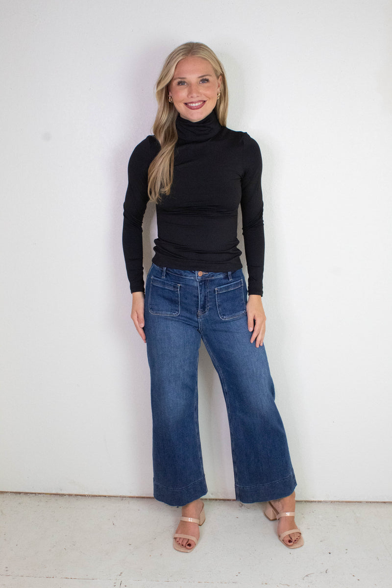 Kaia Crop Wide Leg Patch Pocket Jeans, Dark