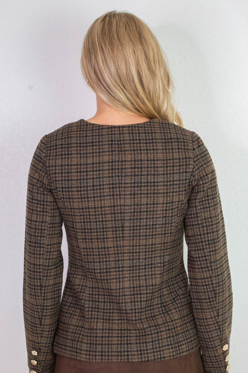 Cassandra Plaid Tweed Blazer, Brown Multi