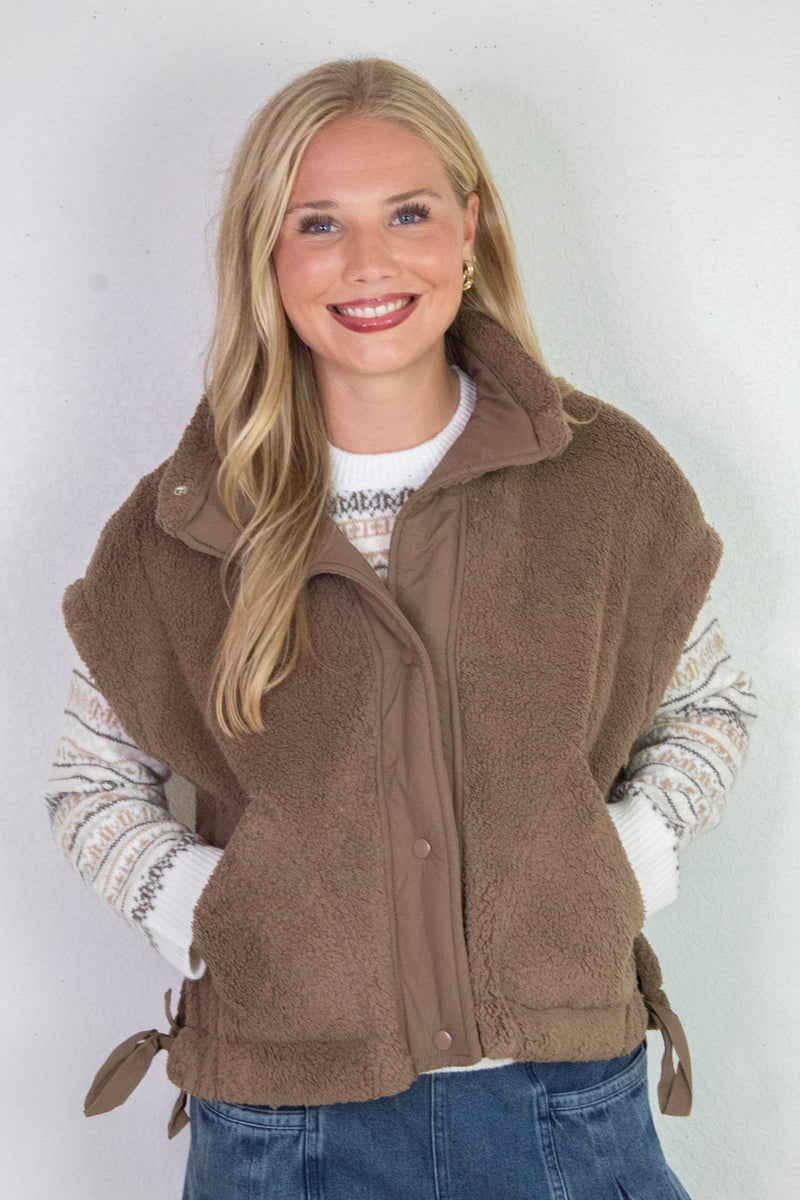 Addison Button Front Faux Fur Vest, Brown