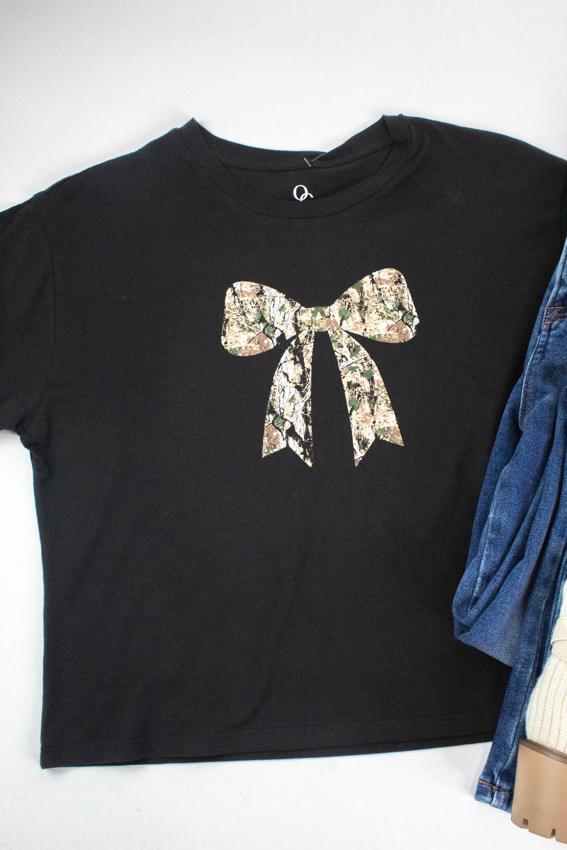 Camo Bow Baby Tee, Washed Black