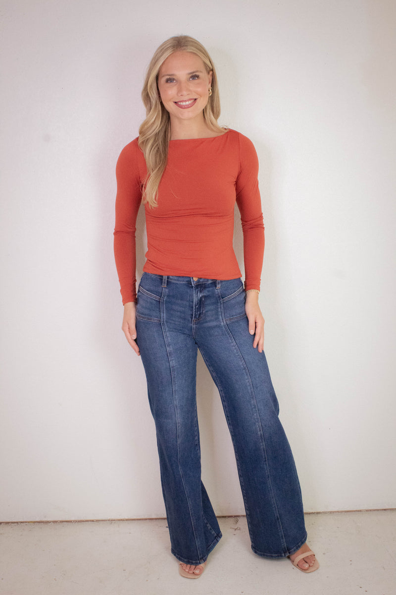 Reeve Boatneck Knit Top, Rust