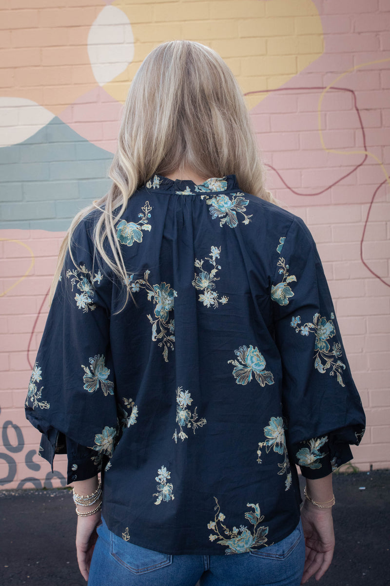 Mila Floral Tie Neck Top, Black