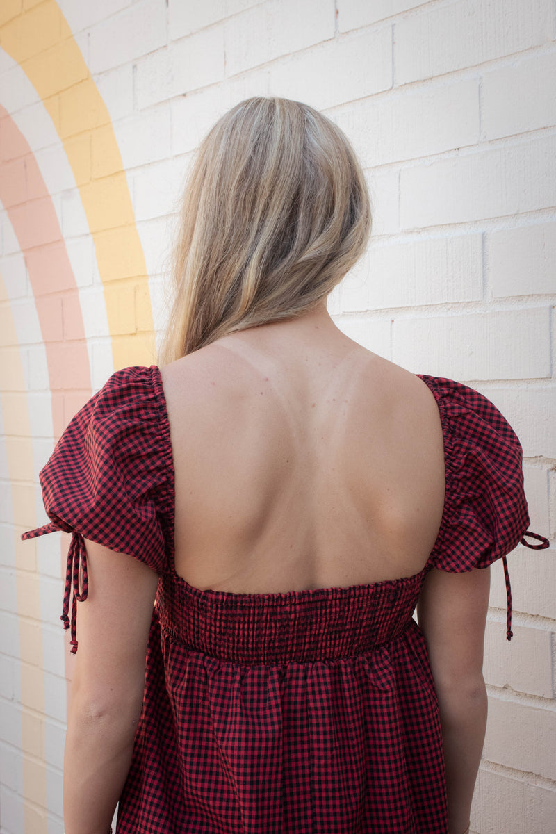 Francine Sweetheart Neck Checkered Dress, Black Red