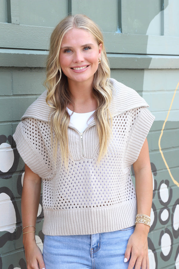 Evangeline Collared Half Zip Sweater Vest, Stone