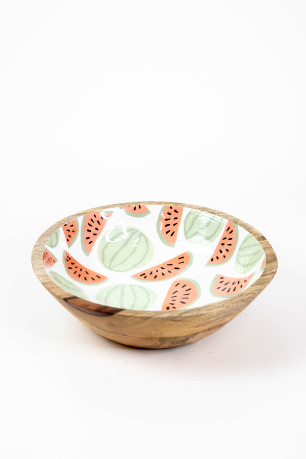 Medium Enameled Mango Wood Bowl, White/Green