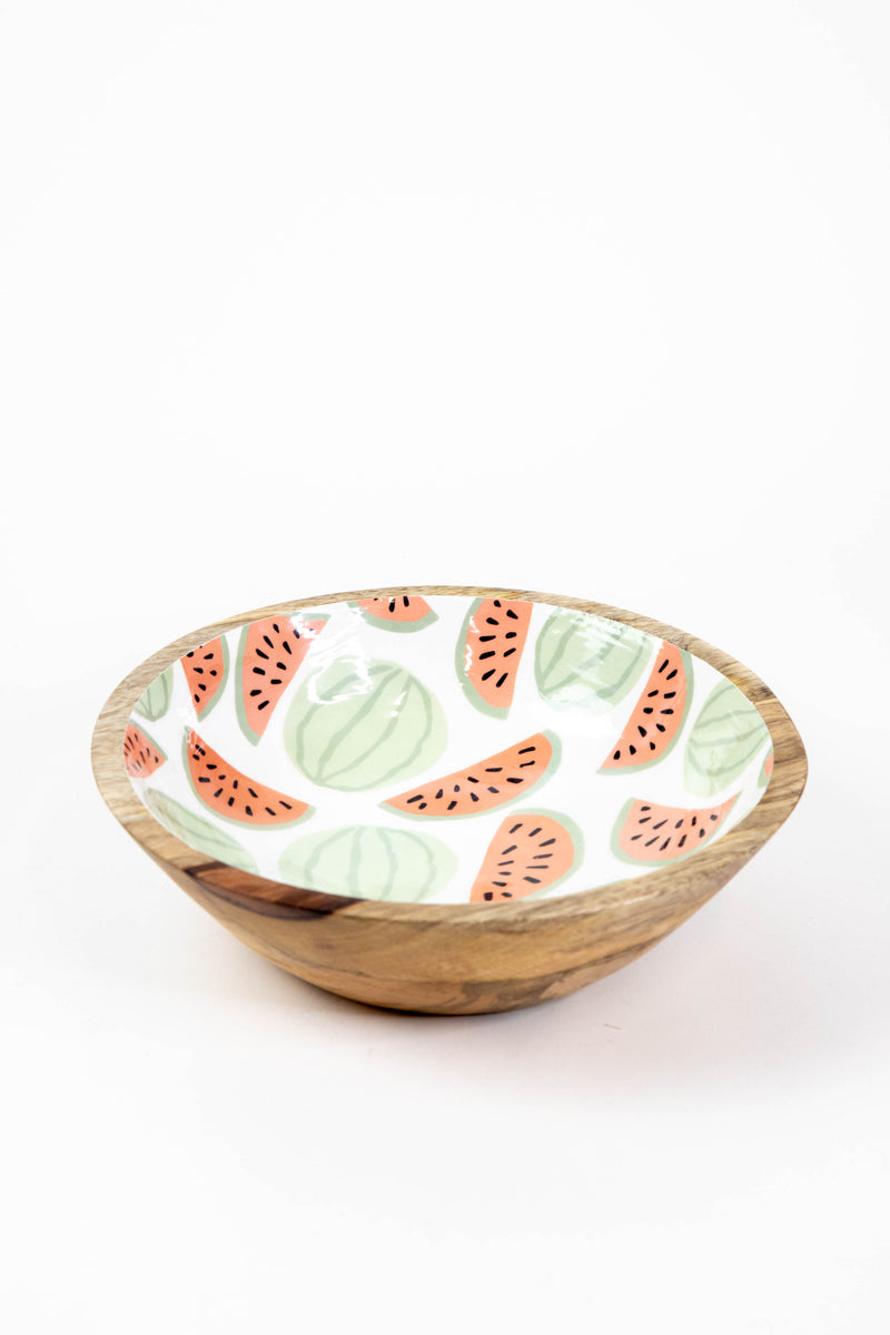 Medium Enameled Mango Wood Bowl, White/Green