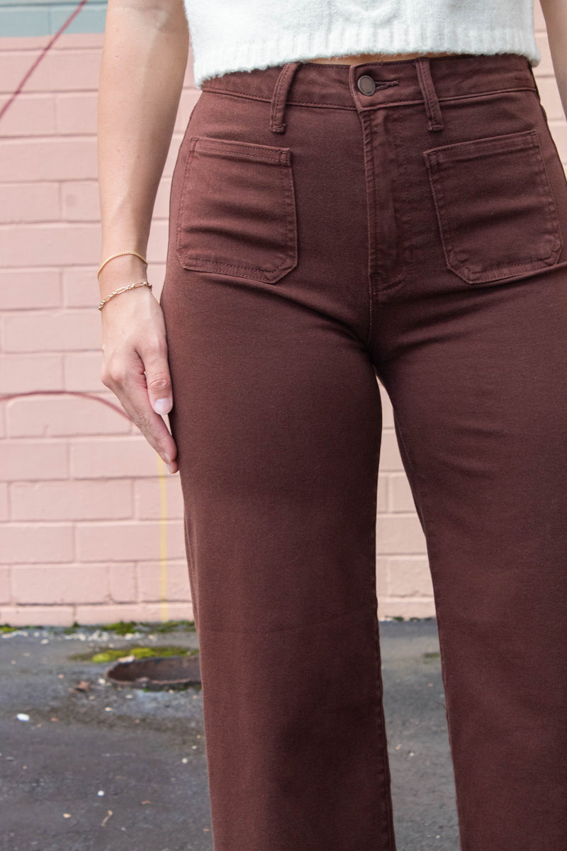 Leah Patch Pocket Wide Leg Jeans, Dark Brown