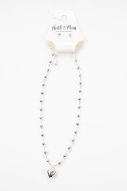 Lyla Puffy Heart Beaded Chain Necklace, Silver