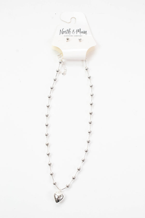 Lyla Puffy Heart Beaded Chain Necklace, Silver