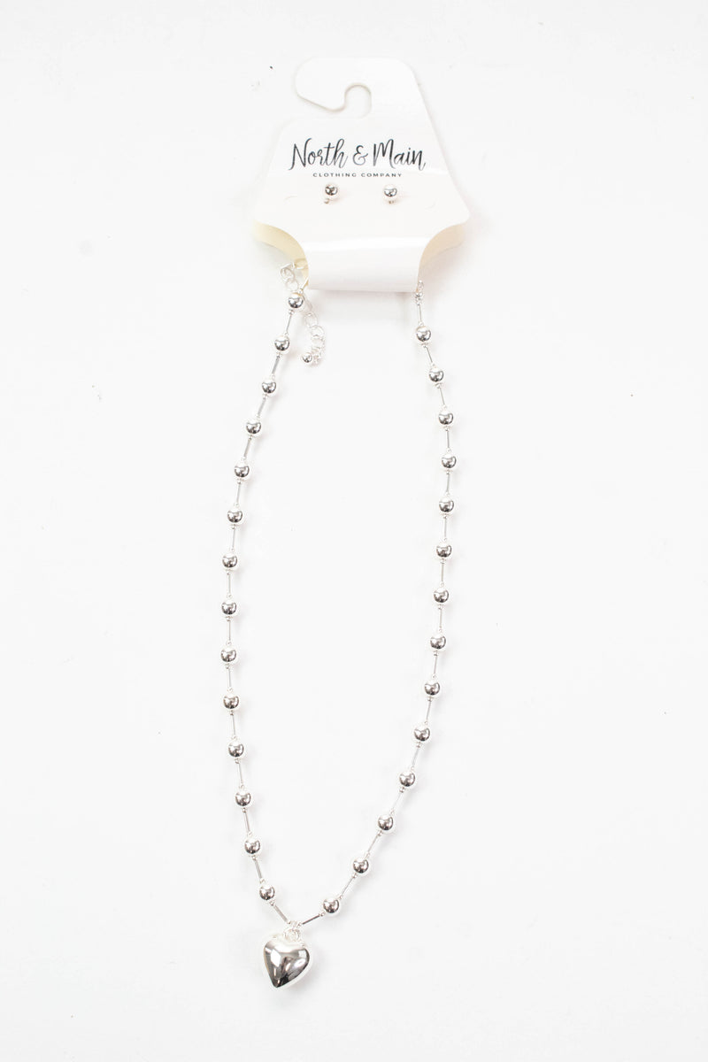 Lyla Puffy Heart Beaded Chain Necklace, Silver