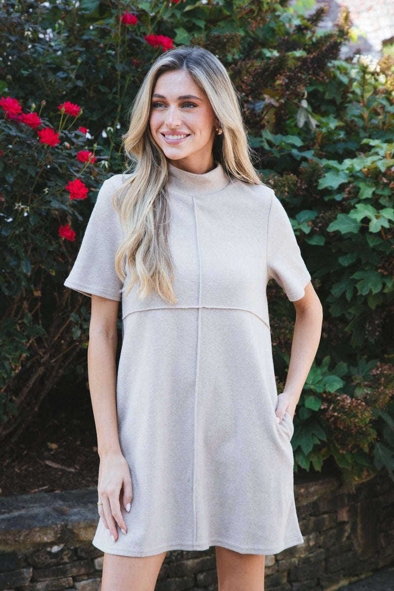 Call Away Mock Neck Mini Dress, Oatmeal