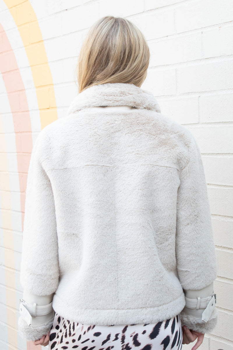 Mink Faux Fur Vegan Leather Jacket, Oat | RD Style