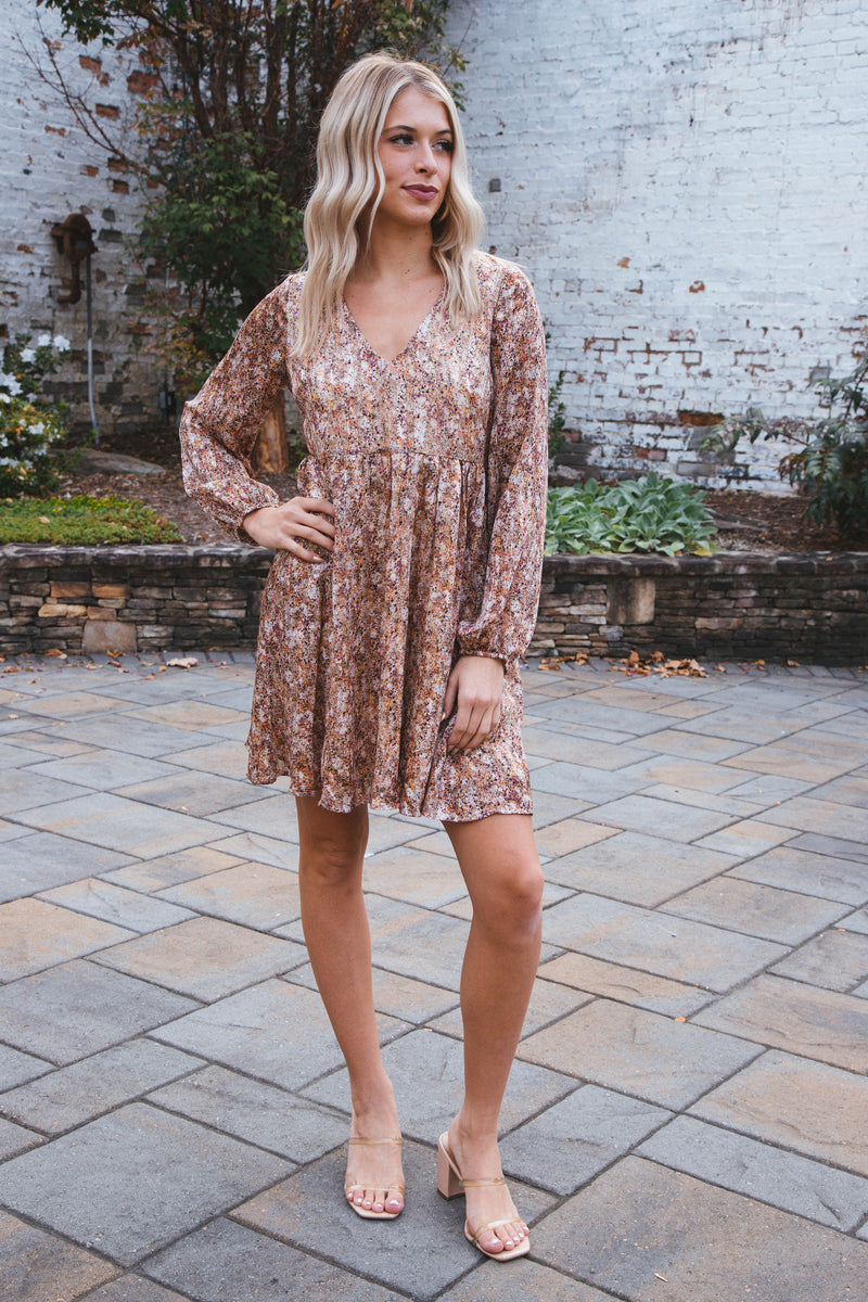 Neriah Long Sleeve V-Neck Printed Babydoll Dress, Orange