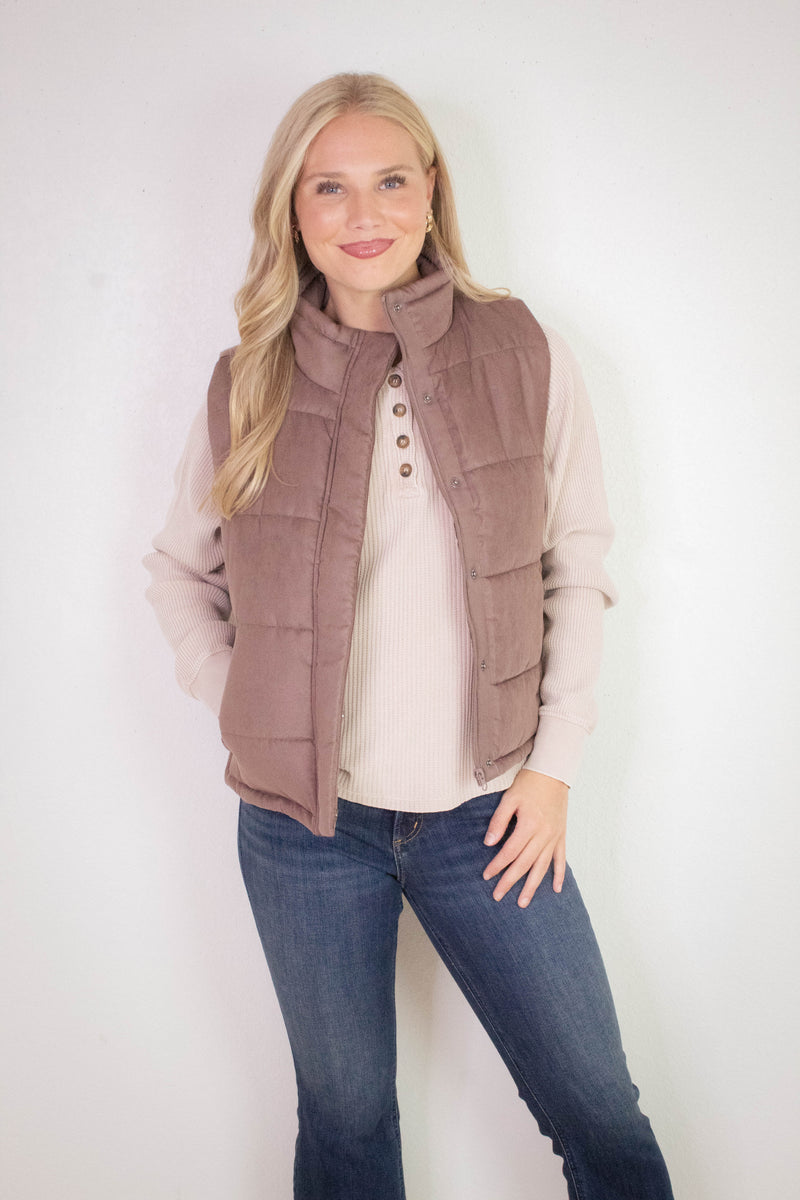 Isabelle Suede Puffer Vest, Cocoa