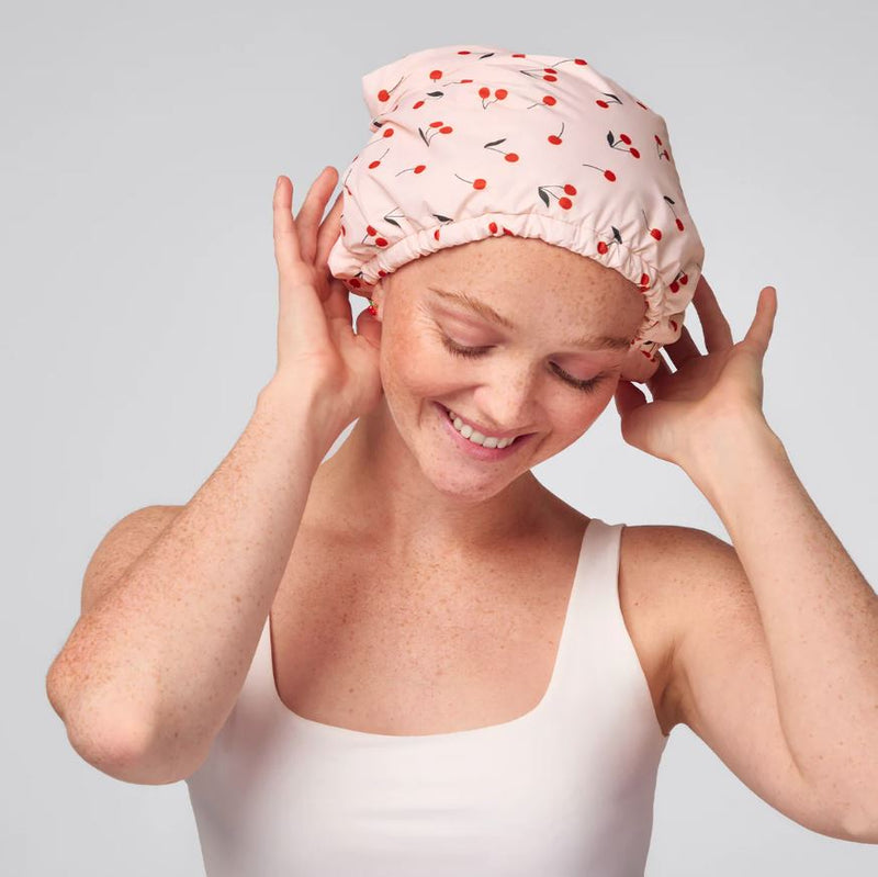 Satin-Lined Flexi Shower Cap, Cherry Print | Kitsch