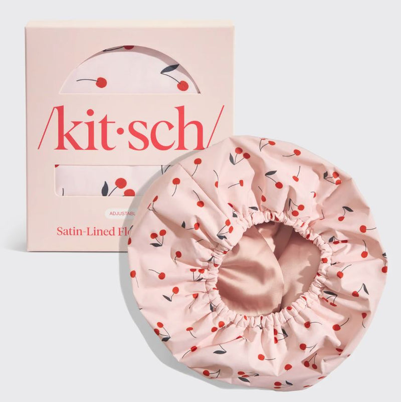 Satin-Lined Flexi Shower Cap, Cherry Print | Kitsch