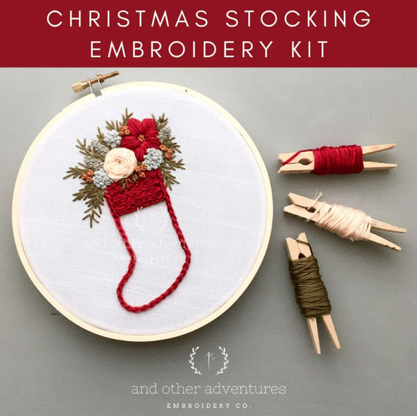 Beginner Embroidery Kit, Red Christmas Stocking