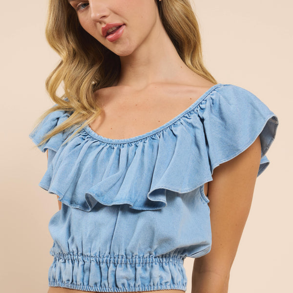 chambray ruffle sleeve top
