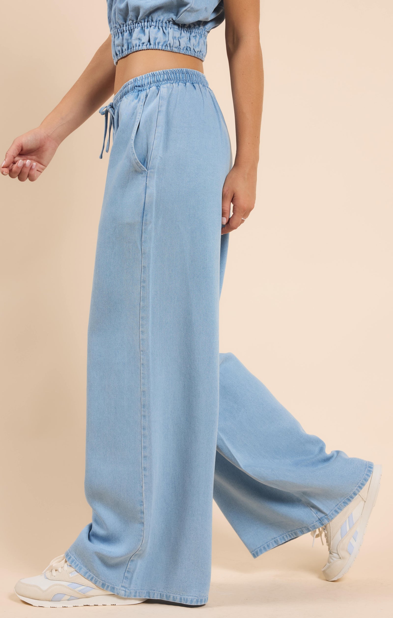 It's Pouring Elastic Drawstring Pants, Light Chambray | Sadie