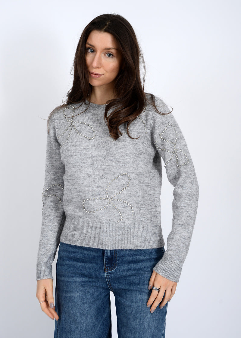 Ginevra Rhinestone Bow Sweater, Light Grey Melange | RD Style
