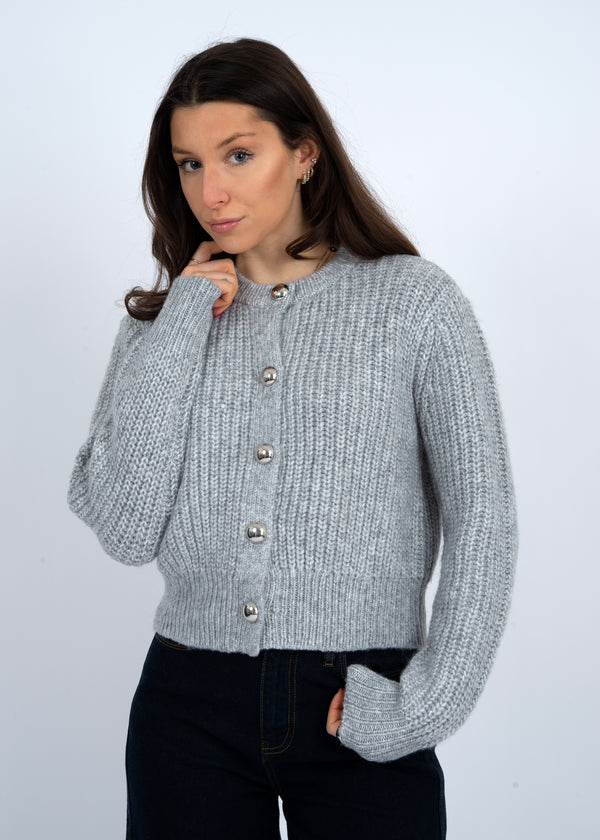 Letrice Silver Button Cardigan, Silver Grey Melange | RD Style