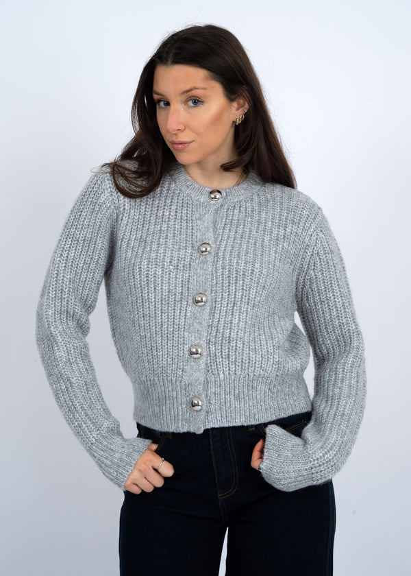 Letrice Silver Button Cardigan, Silver Grey Melange | RD Style