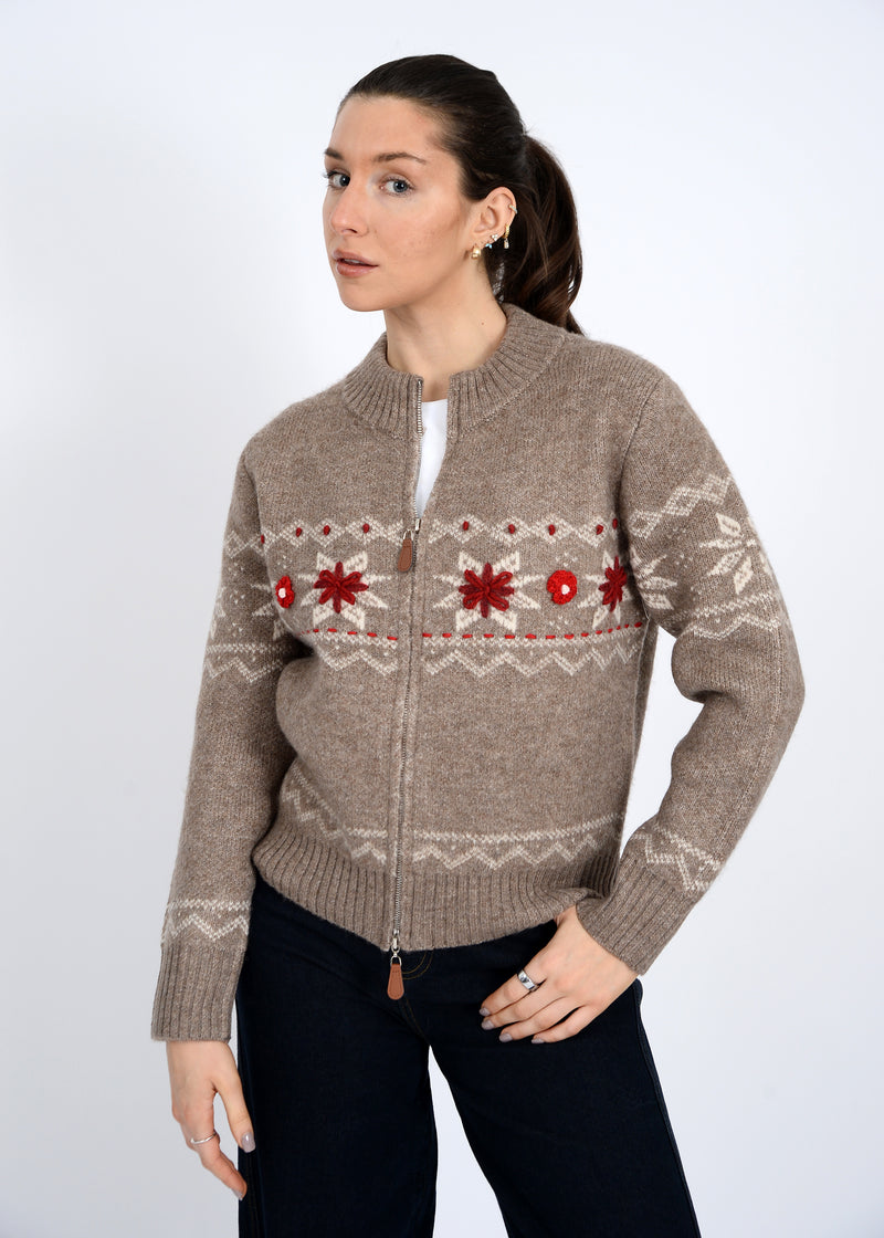 Nayeli Zip Up Embroidered Cardigan, Taupe | RD Style