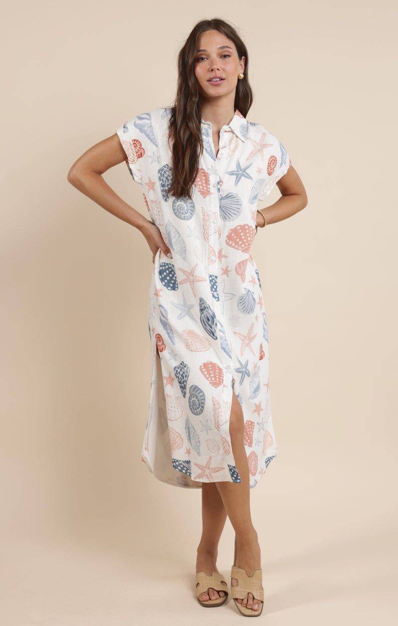 Seashells Duster Shirt Dress, White Multi | Sadie & Sage