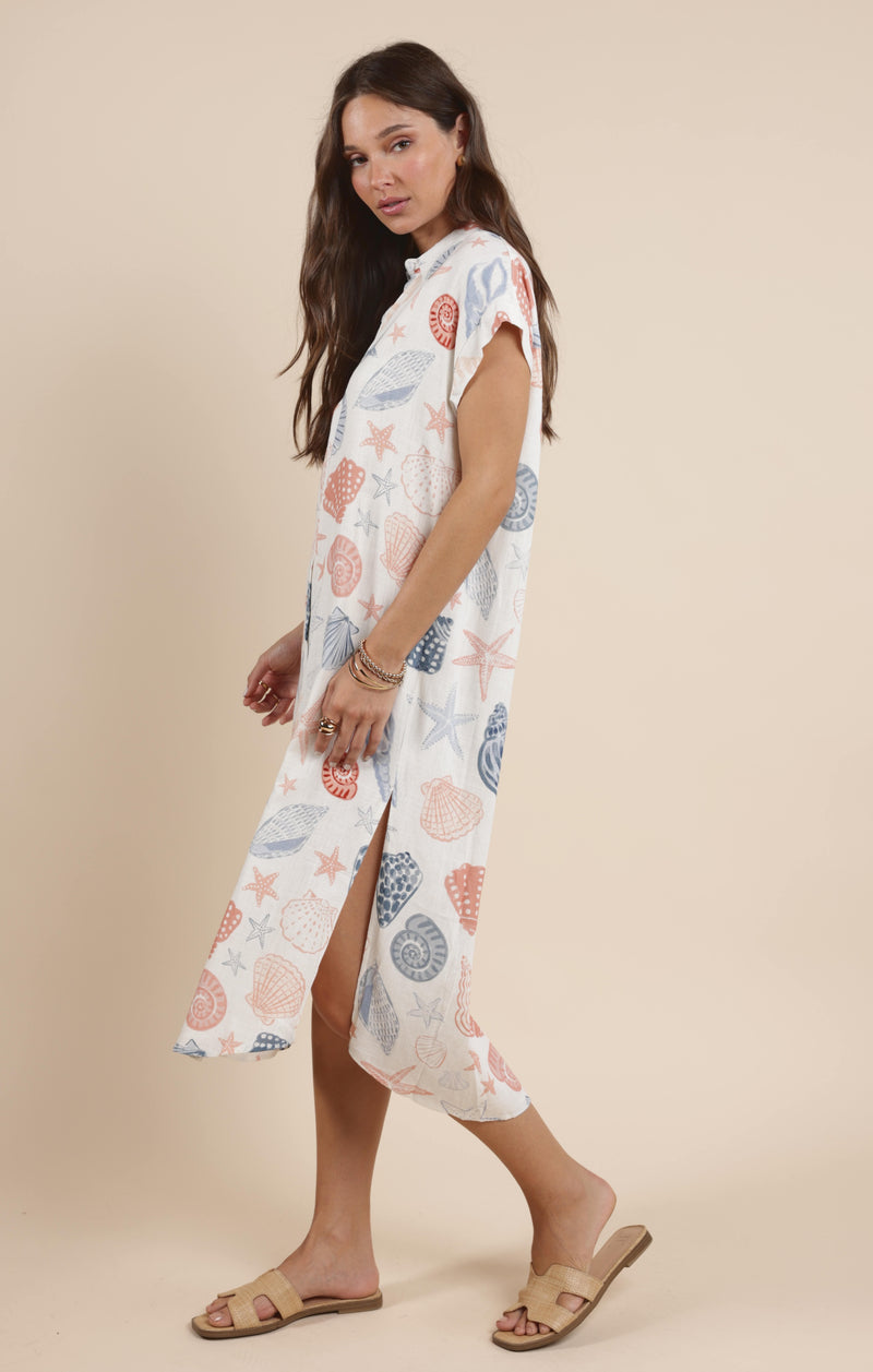 Seashells Duster Shirt Dress, White Multi | Sadie & Sage
