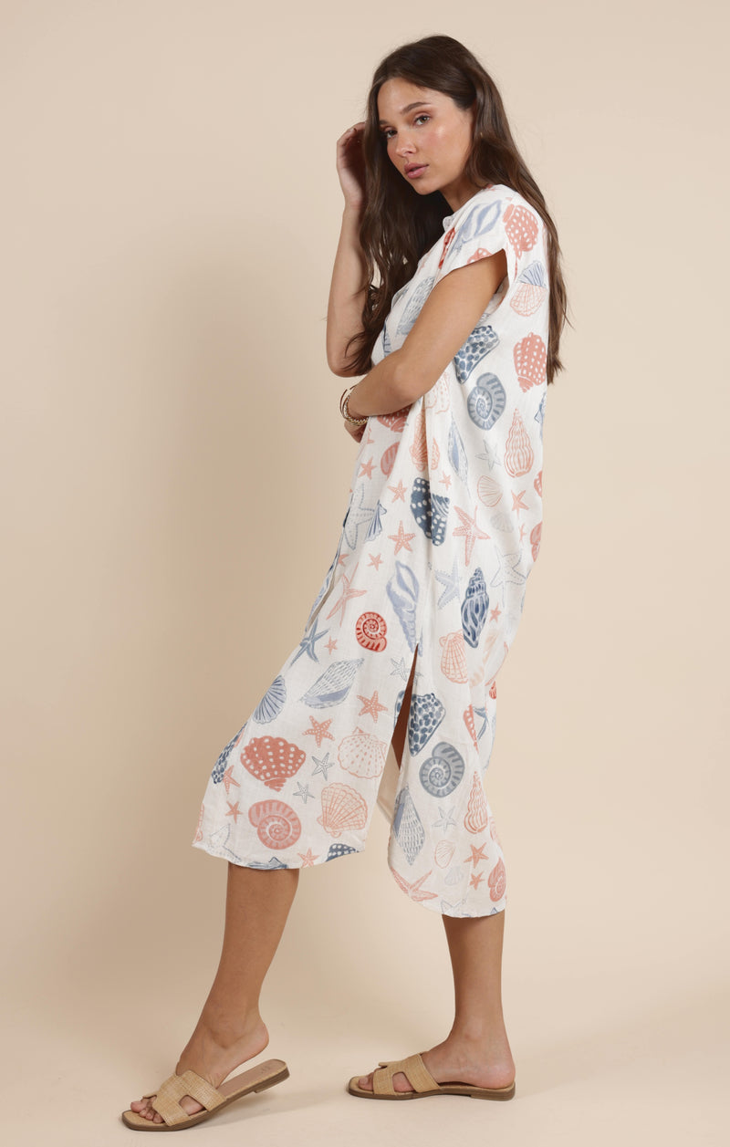 Seashells Duster Shirt Dress, White Multi | Sadie & Sage