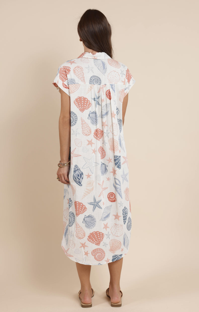 Seashells Duster Shirt Dress, White Multi | Sadie & Sage