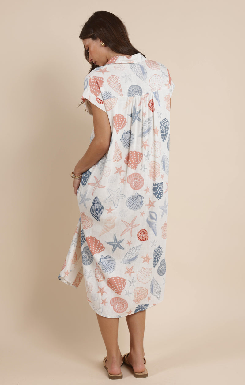 Seashells Duster Shirt Dress, White Multi | Sadie & Sage