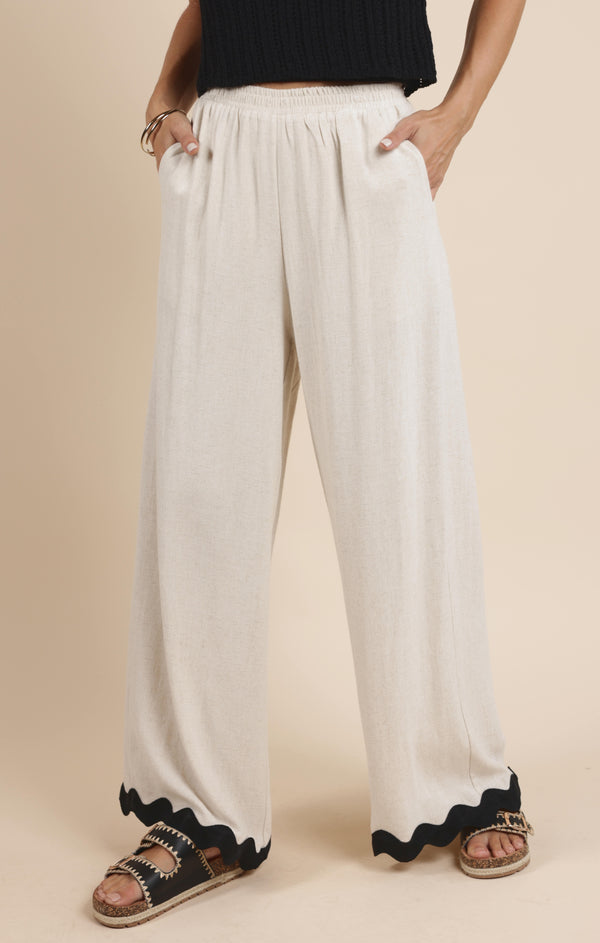 Sugarloaf Wavy Trim Elastic Pants, Oatmeal | Sadie & Sage