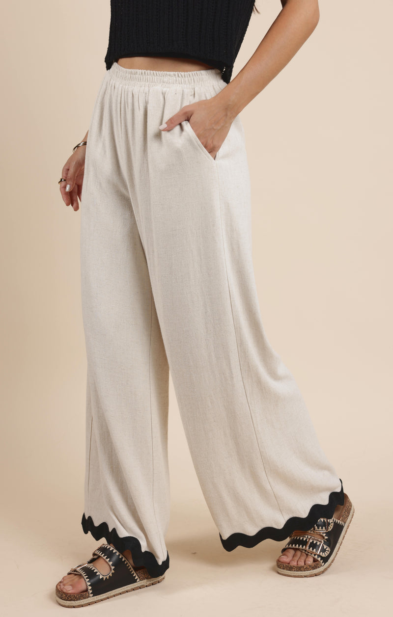 Sugarloaf Wavy Trim Elastic Pants, Oatmeal | Sadie & Sage