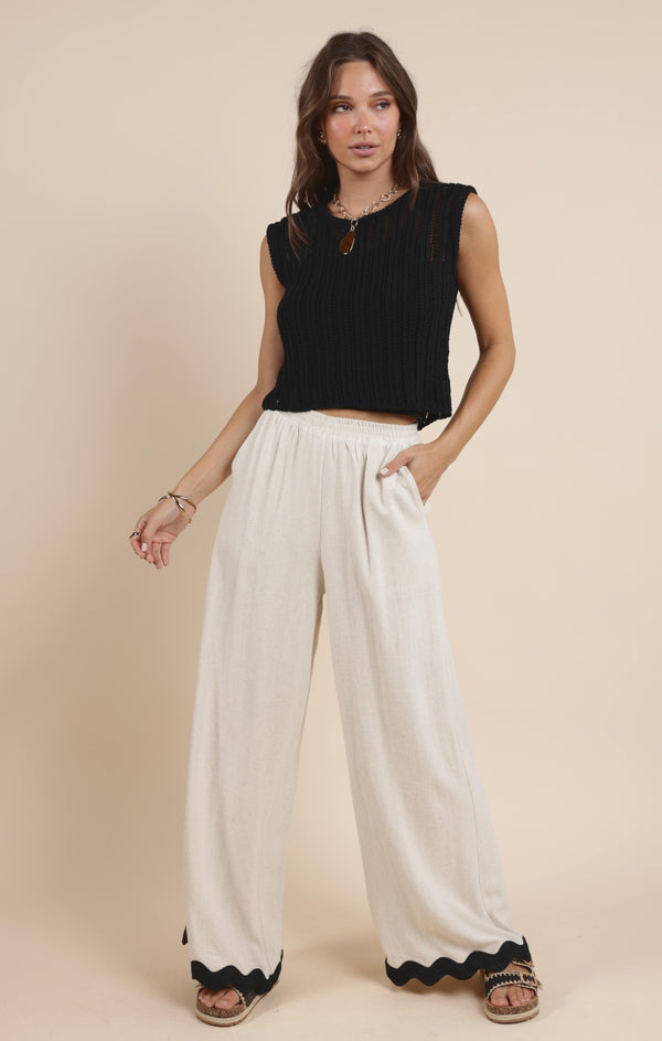 Sugarloaf Wavy Trim Elastic Pants, Oatmeal | Sadie & Sage