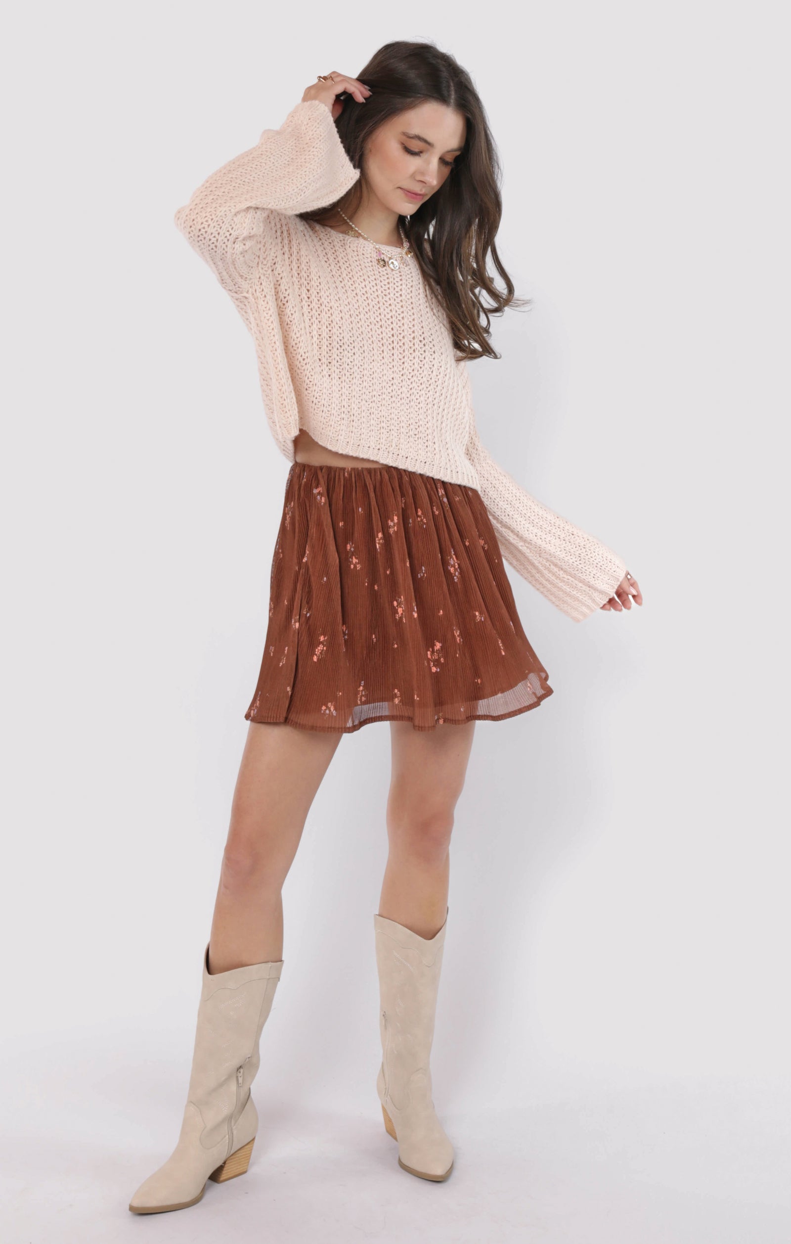 Last Dance Plisse Swing Mini Skirt, Brown Multi | Sadie & Sage