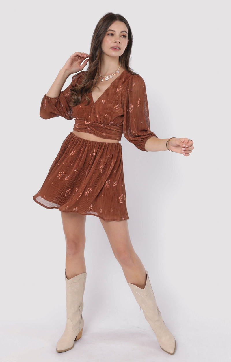 Last Dance Plisse Swing Mini Skirt, Brown Multi | Sadie & Sage
