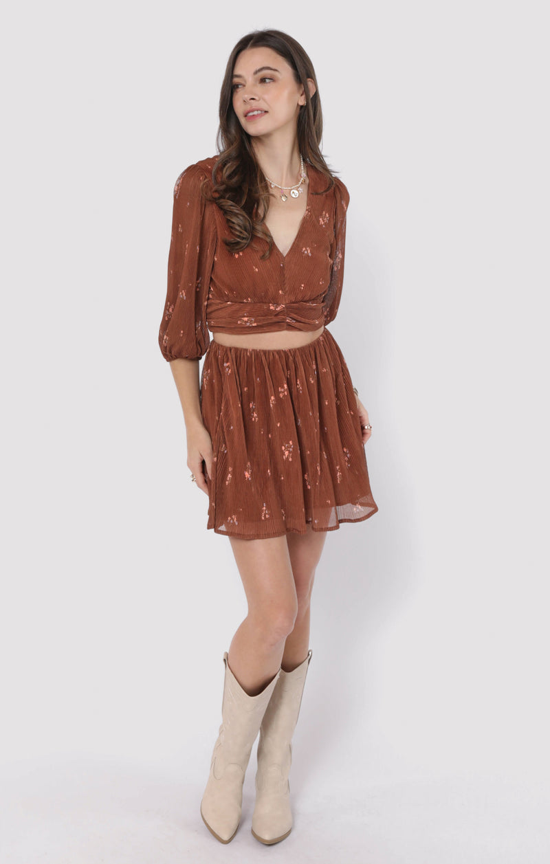 Last Dance Plisse Swing Mini Skirt, Brown Multi | Sadie & Sage
