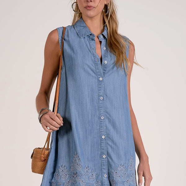 sleeveless denim dress with buttons Denim Sleeveless Low Waist Mini Dress with Button Detail S
