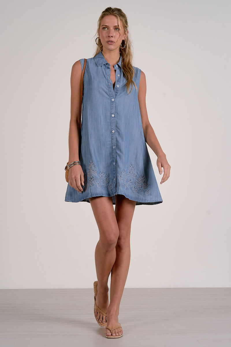 Sleeveless Button Down Dress, Denim Sleeveless Button Down Dress, Denim
